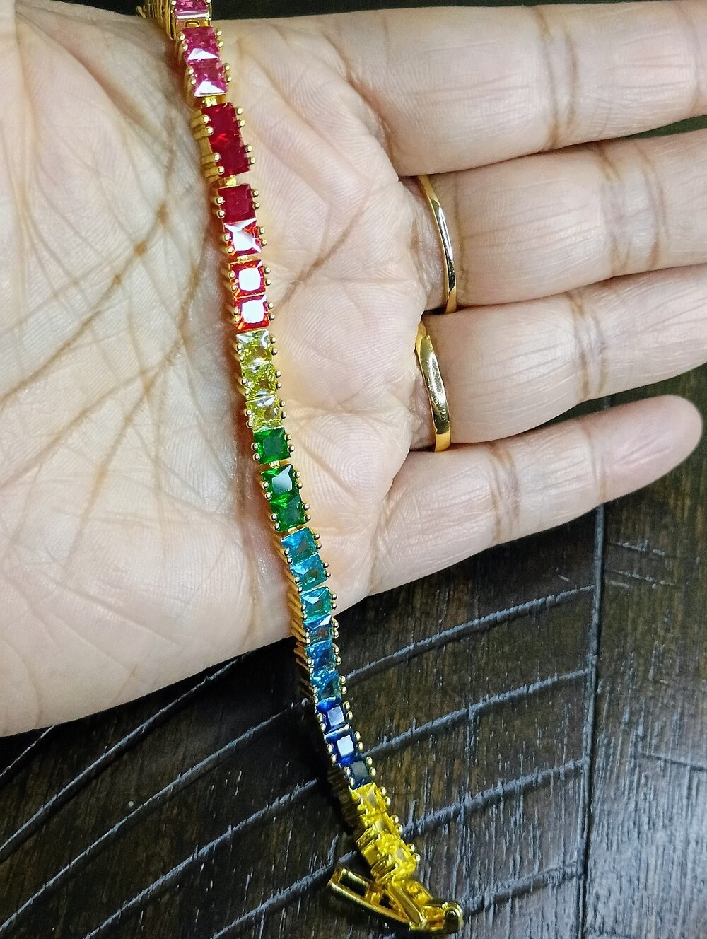 New Gold Tone Rainbow Tennis Bracelet - Multicolor CZ Stones - Picture 2 of 5
